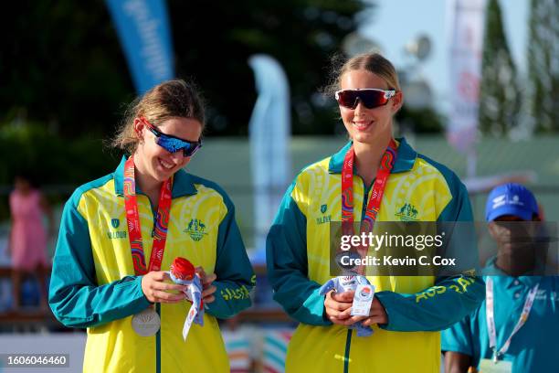 Bronze Medallists, Jasmine Rayner and Cameron Zajer of Team Australia pose for a photo with their medals during the Women's Beach Volleyball medal...