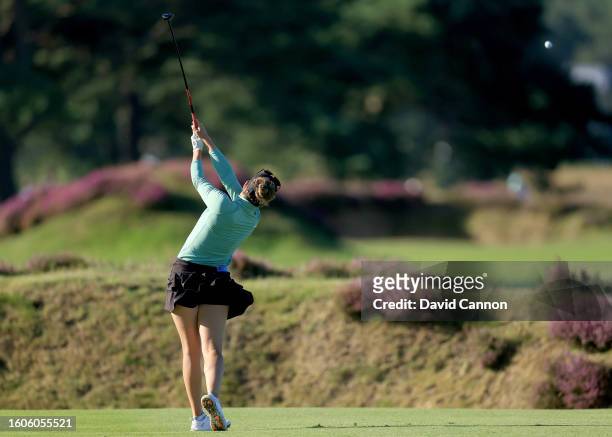 Gaby Lopez of Mexico plays her second shot on the second hole during the first round of the AIG Women's Open at Walton Heath Golf Club on August 10,...