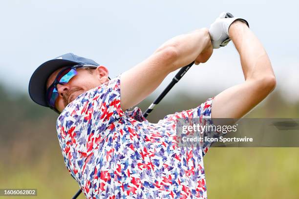 Jim Knous of the United States tees off at the 1st tee during the first round of the Korn Ferry Tour - Magnit Championship on August 17, 2023 at...