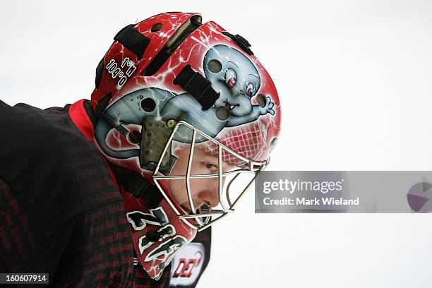 Youri Ziffer of Koelner Haie warms up prior to the DEL match between EHC Muenchen and Koelner Haie at Olympia Eishalle on February 3, 2013 in Munich,...