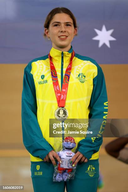 Gold Medallist, Liliya Tatarinoff of Team Australia stands on the podium during the Women's 500m Time Trial medal ceremony on day six of the 2023...