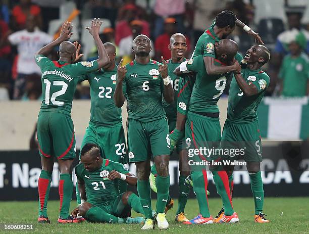 Pitroipa B. Y. Jonathan of Burkina Faso celebrates scoring a goal in extra-time during the 2013 Africa Cup of Nations Quarter-Final match between...