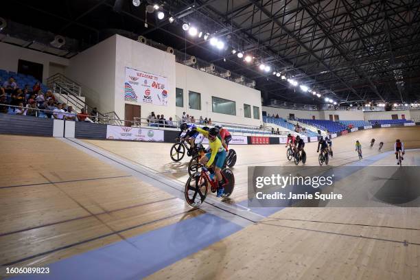 Samuel McKee of Team Australia celebrates winning Gold in the Men's 10km Scratch Race Final on day six of the 2023 Youth Commonwealth Games at...