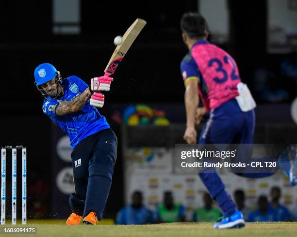 Faf Du Plessis of Saint Lucia Kings hits 6 off Qais Ahmad of Barbados Royals during the Men's 2023 Republic Bank Caribbean Premier League match 2...