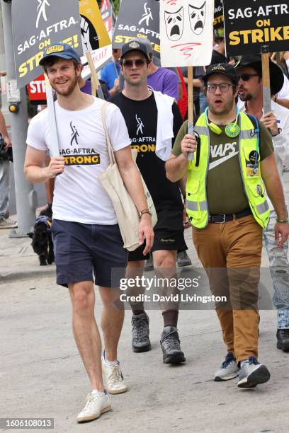 Jack Quaid and Ethan Peck walk the picket line at Paramount Studios on August 10, 2023 in Los Angeles, California. Members of SAG-AFTRA and WGA have...