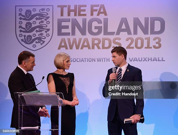 In this handout image provided by The FA, Steven Gerrard talks to Ray Stubbs and Rebecca Lowe after receiving the Senior Men's Player of the Year...