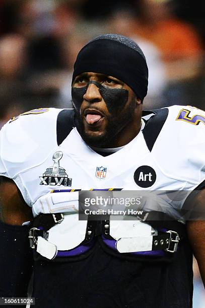 Ray Lewis of the Baltimore Ravens looks on during warm ups against the San Francisco 49ers during Super Bowl XLVII at the Mercedes-Benz Superdome on...