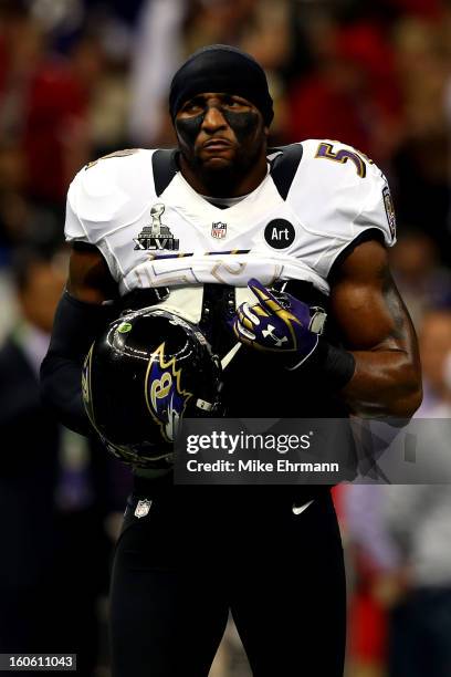 Ray Lewis of the Baltimore Ravens warms up prior to Super Bowl XLVII against the San Francisco 49ers at the Mercedes-Benz Superdome on February 3,...