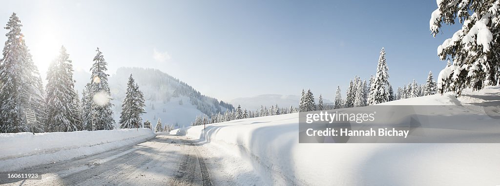 Winter road in snow-covered landscape in Bavaria