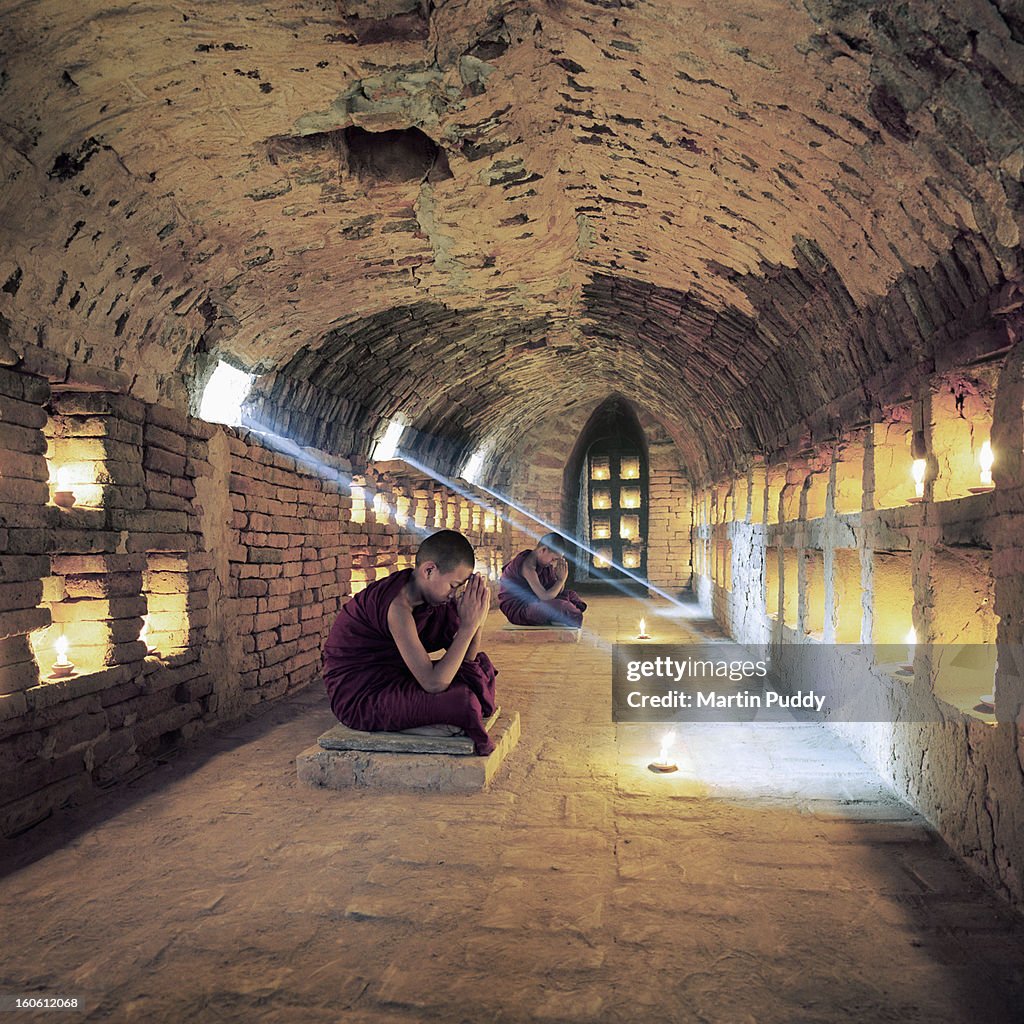 Myanmar, Buddhist monks inside meditation hall