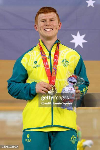 Gold Medallist, Tayte Ryan of Team Australia poses for a photo on the podium during the Men's 1000m Time Trial medal ceremony on day six of the 2023...