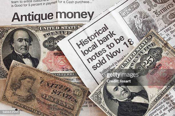 antique money and historical bank notes xxxl size - newspaper clippings stockfoto's en -beelden