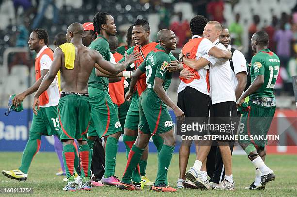 Burkina Faso's players celebrate at the end of the African Cup of Nation 2013 quarter final football match Burkina Faso vsTogo, on February 3, 2013...