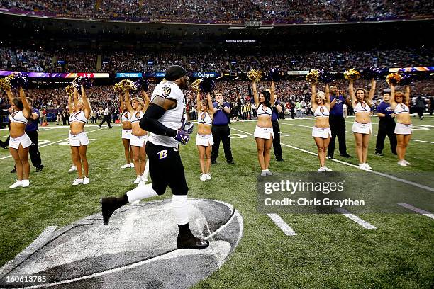 Ray Lewis of the Baltimore Ravens runs onto the field prior to Super Bowl XLVII against the San Francisco 49ers at the Mercedes-Benz Superdome on...