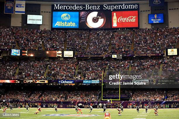 Justin Tucker of the Baltimore Ravens kicks the ball to the San Francisco 49ers to start Super Bowl XLVII at the Mercedes-Benz Superdome on February...