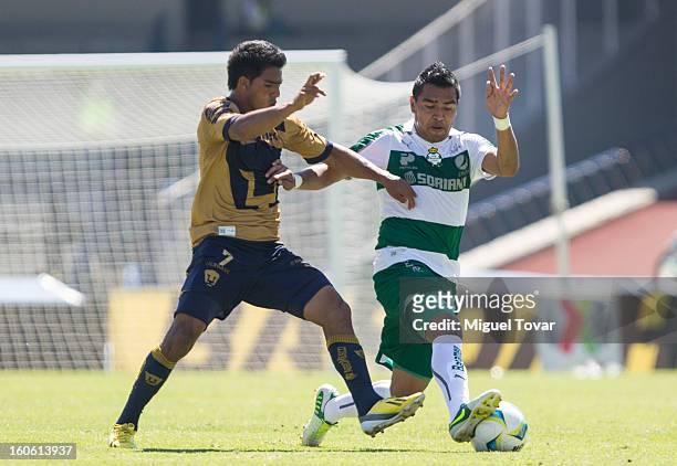 Rodolfo Salinas of Santos struggles for the ball with Javier Cortes of Pumas during a match between Pumas and Santos as part of the Clausura 2013 at...