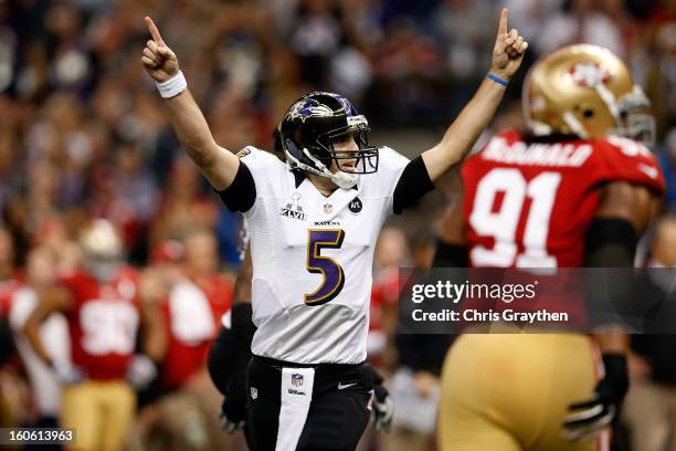 Joe Flacco of the Baltimore Ravens celebrates after throwing a touchdown pass in the first quarter against the San Francisco 49ers during Super Bowl...