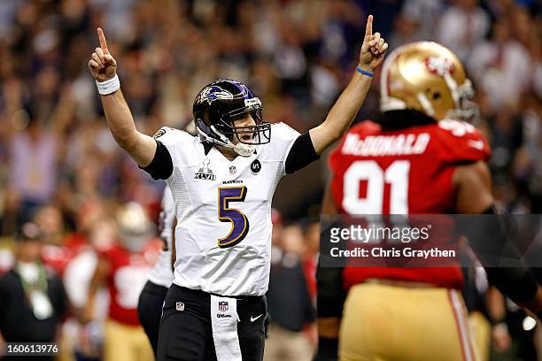 Joe Flacco of the Baltimore Ravens celebrates after throwing a touchdown pass in the first quarter against the San Francisco 49ers during Super Bowl...