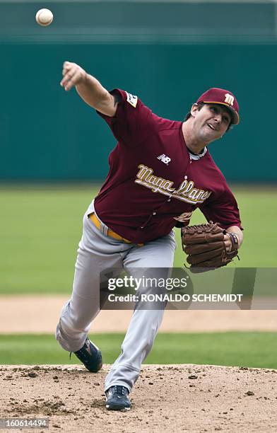 Pitcher Ken Ray of Magallanes of Venezuela, pitches against Criollos de Cagua of Puerto Rico during the 2013 Caribbean baseball series, on February 3...