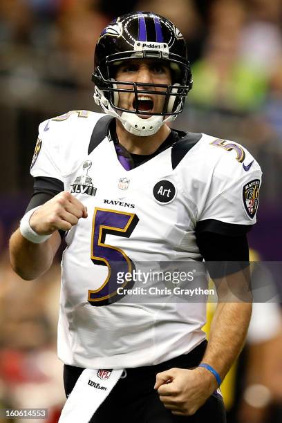 Joe Flacco of the Baltimore Ravens celebrates a touchdown in the second quarter against the San Francisco 49ers during Super Bowl XLVII at the...