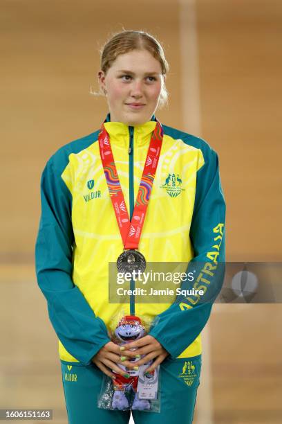 Silver Medallist, Lauren Emily Bates of Team Australia stands on the podium during the Women's 2000m Individual Pursuit medal ceremony on day six of...