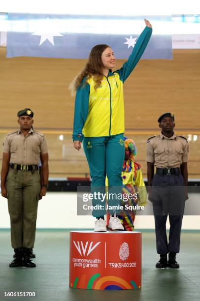 Gold Medallist, Keira Will of Team Australia celebrates on the podium during the Women's 2000m Individual Pursuit medal ceremony on day six of the...