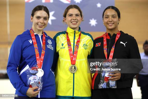 Silver Medallist, Sarah Johnson of Team Scotland, Gold Medallist, Liliya Tatarinoff of Team Australia and Bronze Medallist, Makaira Wallace of Team...