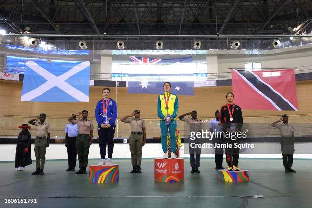 Silver Medallist, Sarah Johnson of Team Scotland, Gold Medallist, Liliya Tatarinoff of Team Australia and Bronze Medallist, Makaira Wallace of Team...