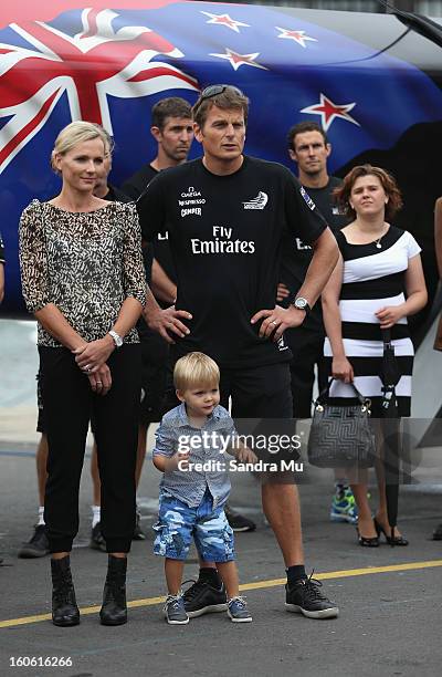 Team New Zealand skipper Dean Barker and his wife Mandy look on during the launch of the Emirates Team New Zealand boat at the Viaduct Harbour on...