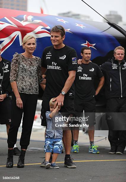 Team New Zealand skipper Dean Barker and his wife Mandy look on during the launch of the Emirates Team New Zealand boat at the Viaduct Harbour on...