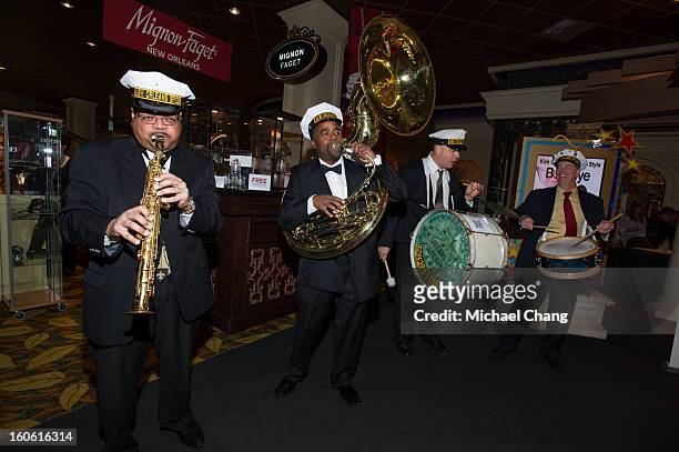 Jazz band plays during the Ultimate Super Bowl Tailgate Party hosted by Michael Strahan at Harrah's Casino on February 3, 2013 in New Orleans,...
