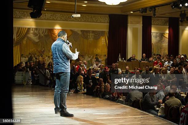 Michael Strahan answers questions from the audience during the Ultimate Super Bowl Tailgate Party hosted by Michael Strahan at Harrah's Casino on...