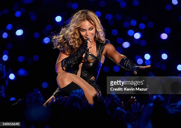 Singer Beyonce performs during the Pepsi Super Bowl XLVII Halftime Show at Mercedes-Benz Superdome on February 3, 2013 in New Orleans, Louisiana.