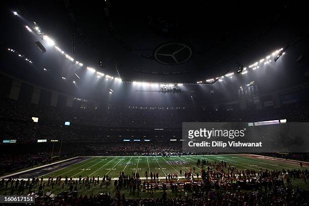 General view of the Mercedes-Benz Superdome after a sudden power outage in the second half during Super Bowl XLVII at the Mercedes-Benz Superdome on...