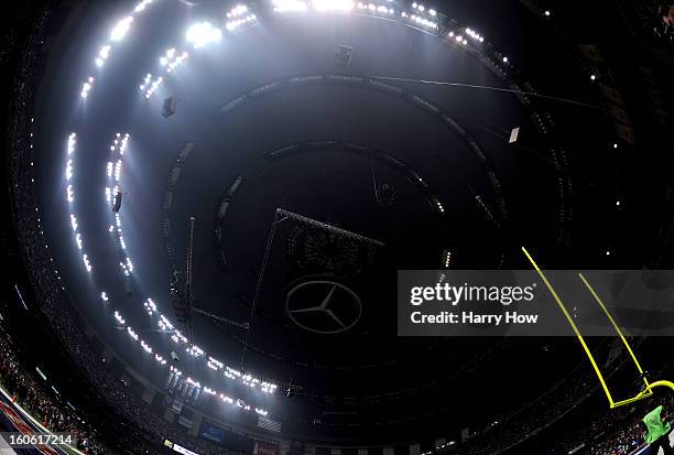 General view of the Mercedes-Benz Superdome after a sudden power outage that lasted 34 minutes in the second half during Super Bowl XLVII between the...