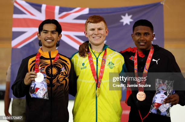 Silver Medallist, Darwish Putra Muhd Sanusi of Team Malaysia, Gold Medallist, Tayte Ryan of Team Australia and Bronze Medallist, Syndel Samaroo of...