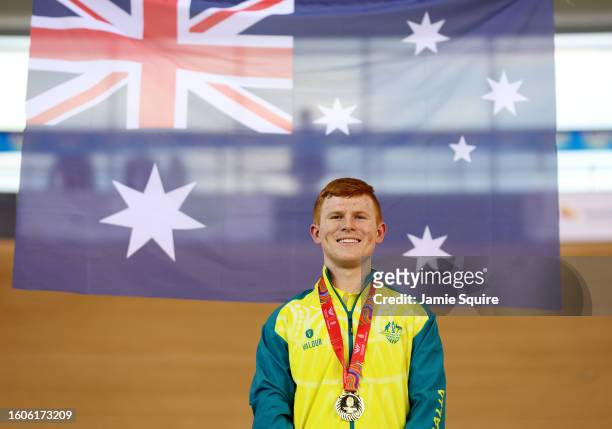 Gold Medallist, Tayte Ryan of Team Australia stands on the podium during the Men's Keirin medal ceremony on day six of the 2023 Youth Commonwealth...