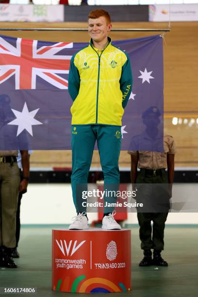 Gold Medallist, Tayte Ryan of Team Australia stands on the podium during the Men's Keirin medal ceremony on day six of the 2023 Youth Commonwealth...