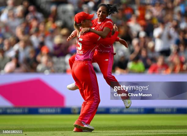 Shabnim Ismail of Welsh Fire Women celebrates dismissing Issy Wong of Birmingham Phoenix Women to complete her hat-trick during The Hundred match...