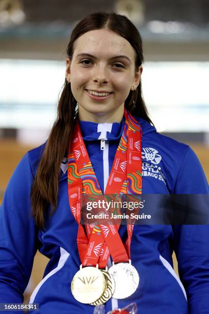 Gold Medallist, Sarah Johnson of Team Scotland poses for a photo during the Women's Keirin medal ceremony on day six of the 2023 Youth Commonwealth...