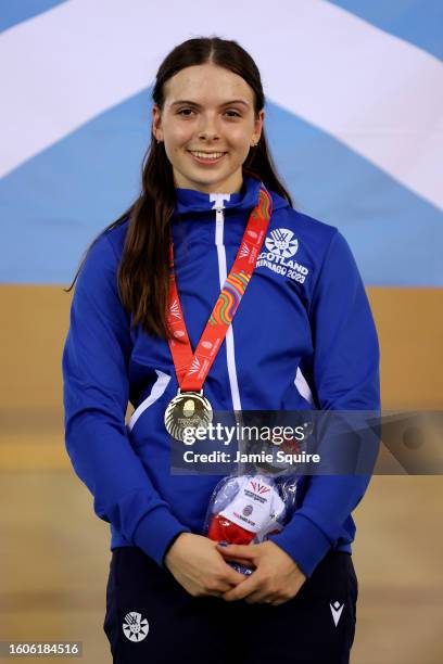 Gold Medallist, Sarah Johnson of Team Scotland stands on the podium during the Women's Keirin medal ceremony on day six of the 2023 Youth...