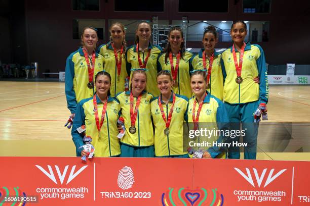 Gold Medallists, Team Australia celebrate during the Fast5 Netball medal ceremony on day six of the 2023 Youth Commonwealth Games at Shaw Park...