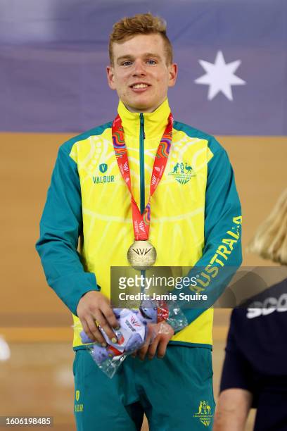 Gold Medallist, Samuel McKee of Team Australia stands on the podium during the Men's 10km Scratch Race medal ceremony on day six of the 2023 Youth...