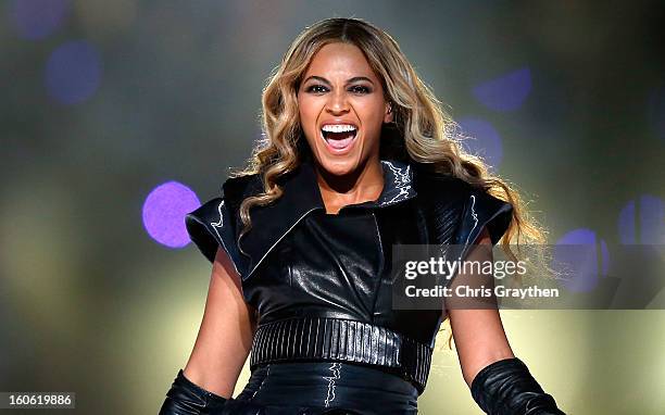 Singer Beyonce performs during the Pepsi Super Bowl XLVII Halftime Show at the Mercedes-Benz Superdome on February 3, 2013 in New Orleans, Louisiana.