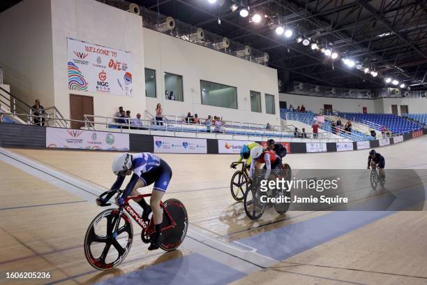 Sarah Johnson of Team Scotland wins gold in the Women's Keirin Final on day six of the 2023 Youth Commonwealth Games at National Cycling Velodrome on...