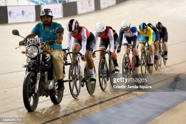 Riders compete in the Women's Keirin Final on day six of the 2023 Youth Commonwealth Games at National Cycling Velodrome on August 10, 2023 in Couva,...