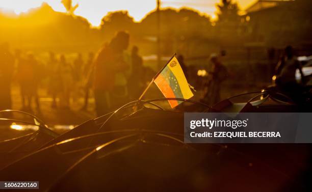 Tent with a Venezuelan flag is seen at the Paso Canoas refugee camp in Puntarenas, Costa Rica on August 10, 2023. Paso Canoas, the main border...