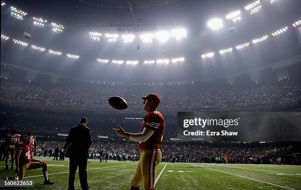 David Akers of the San Francisco 49ers waits during a power outage that occurred in the third quarter that caused a 34-minute delay during Super Bowl...