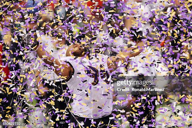 Ma'ake Kemoeatu of the Baltimore Ravens celebrates after the Ravens won 34-31 against the San Francisco 49ers during Super Bowl XLVII at the...