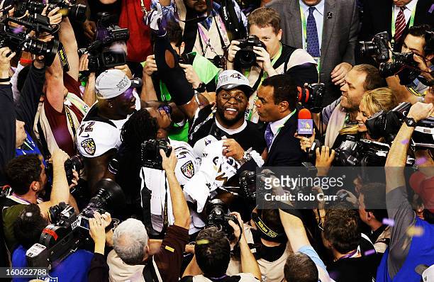Ray Lewis of the Baltimore Ravens celebrates on the field afte the Ravens won 34-31 against the San Francisco 49ers during Super Bowl XLVII at the...